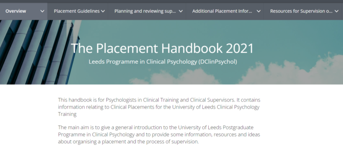 A screenshot from PebblePad of a Placement Handbook with a banner showing a building and sky and a page of text underneath introducing the handbook. There are section tabs along the top of the screen.